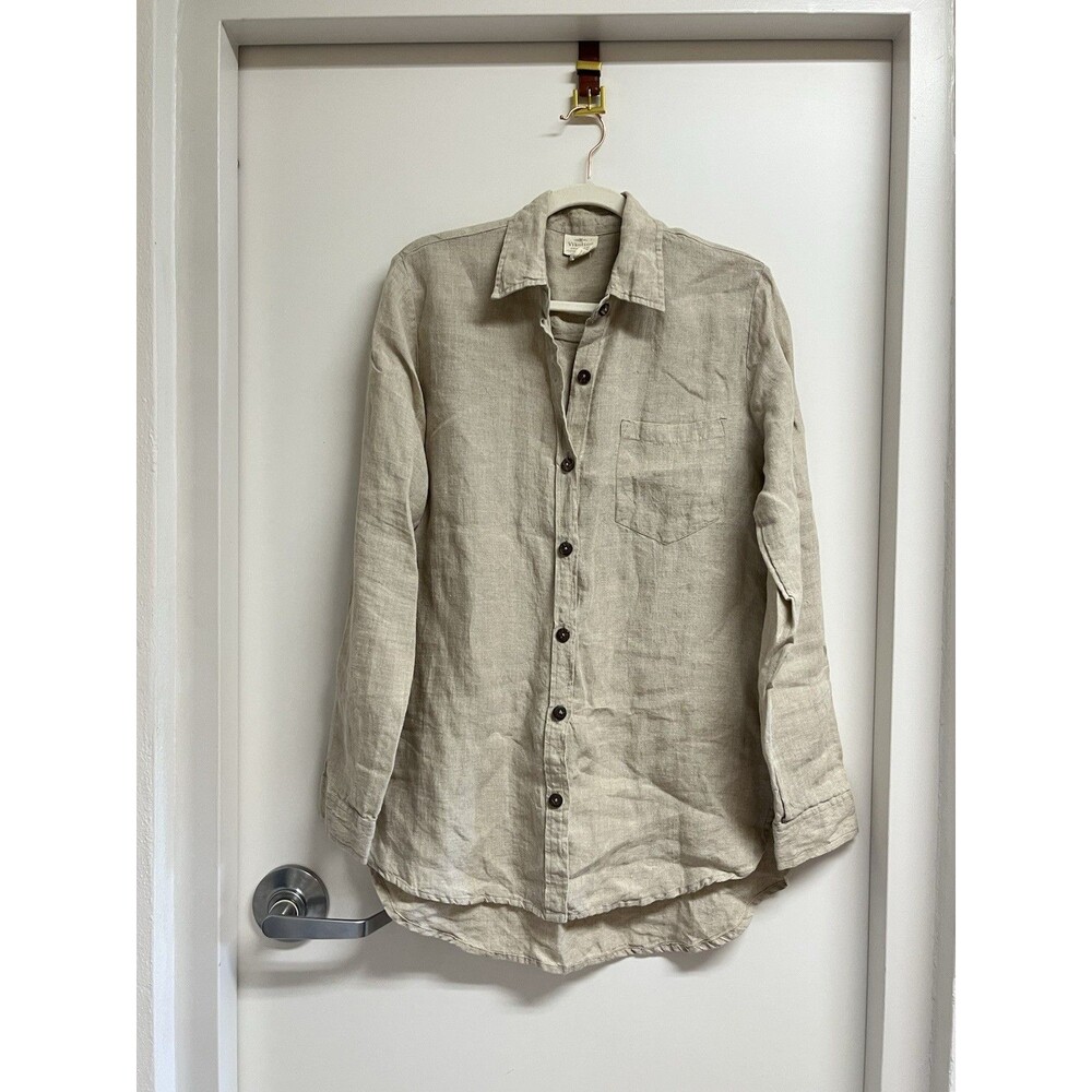 Vikolino 100% European Linen Shirt Beige Button Up Minimalist, wth Pocket Medium